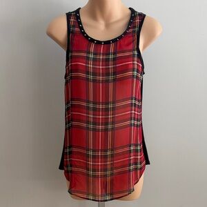 Red Tartan Plaid Sleeveless Tank Top - Studded Trim, size XSP